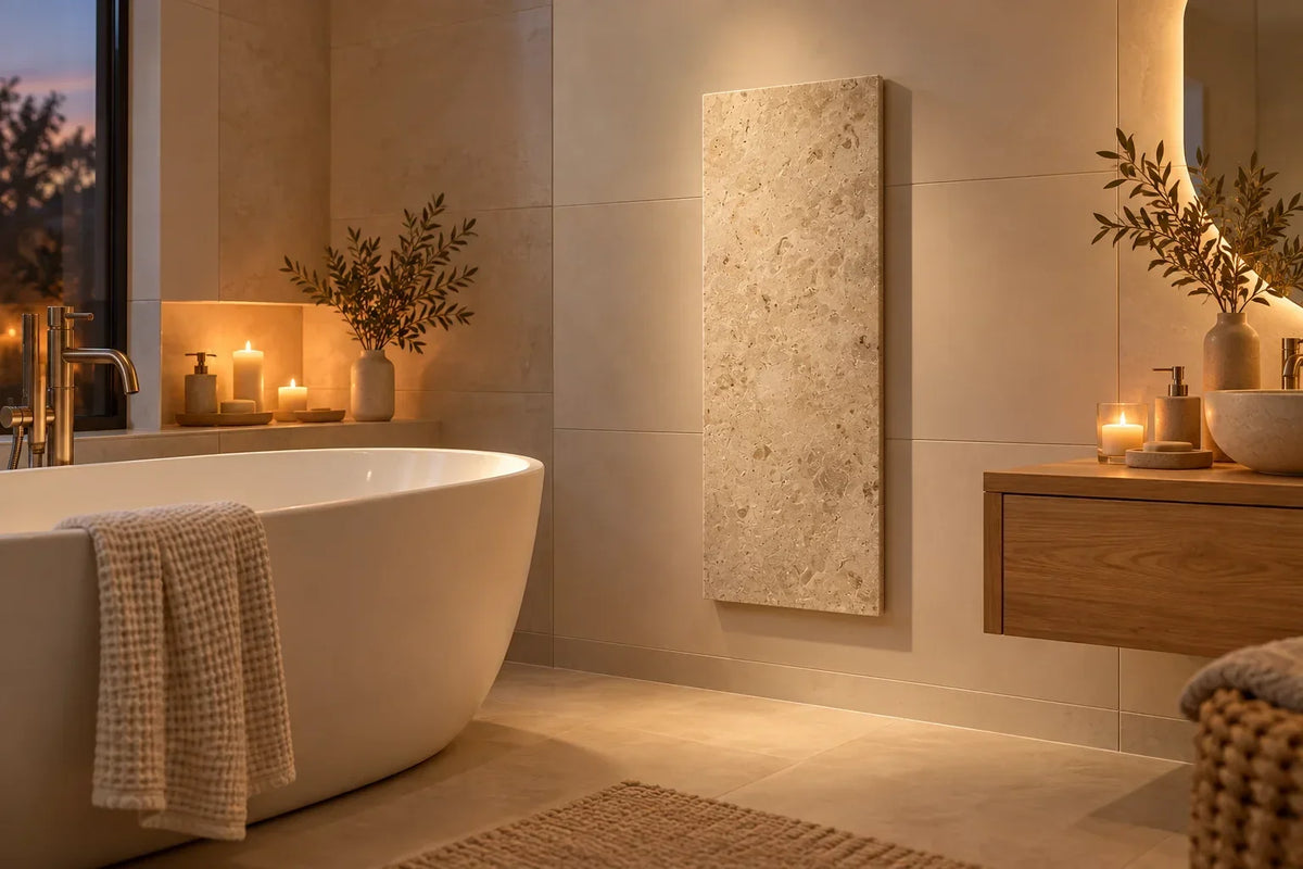 Marwona Jura-Natursteinheizung hochkant im Badezimmer mit freistehender Badewanne (KI-generierte Illustration)