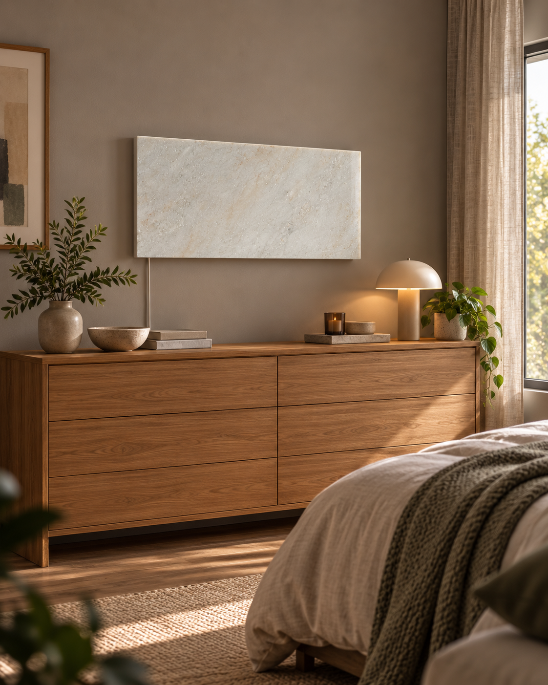 Shiva Naturstein-Infrarotheizung 800 Watt waagerecht über einer Kommode im Schlafzimmer