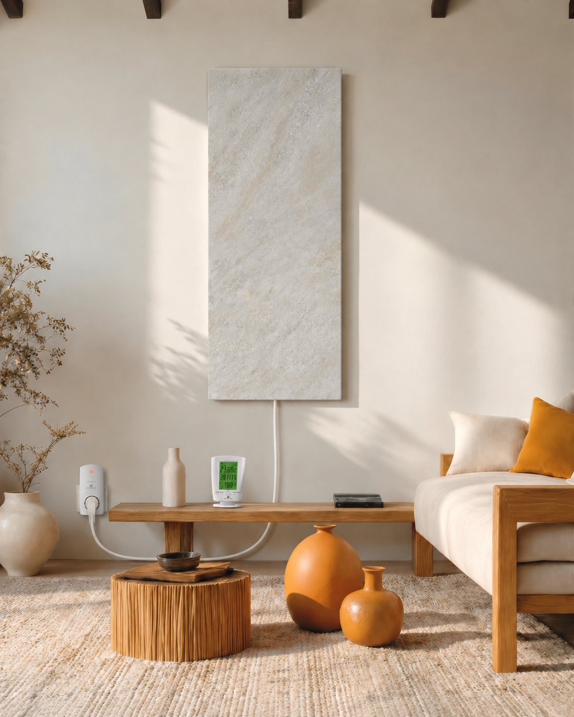 Shiva Naturstein-Infrarotheizung 800 Watt mit Funkthermostat im Wohnzimmer