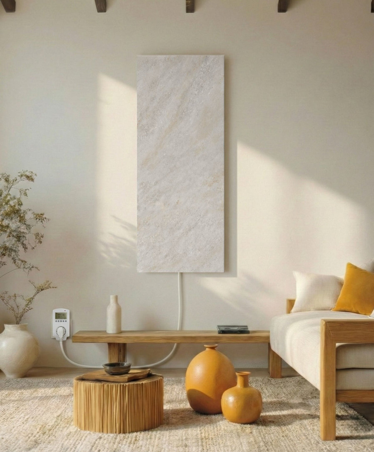 Shiva 800 Watt Naturstein-Infrarotheizung mit WiFi Smart Home Thermostat im Wohnzimmer