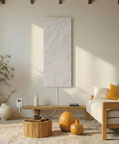 Shiva 800 Watt Naturstein-Infrarotheizung mit WiFi Smart Home Thermostat im Wohnzimmer